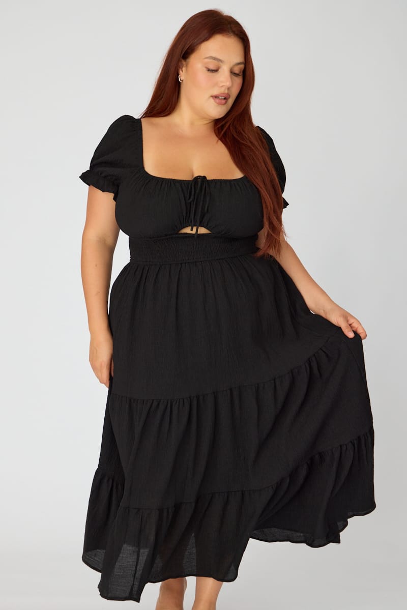 Black Midi Dress Short Sleeve Ruched Bust Cut Out for YouandAll Fashion