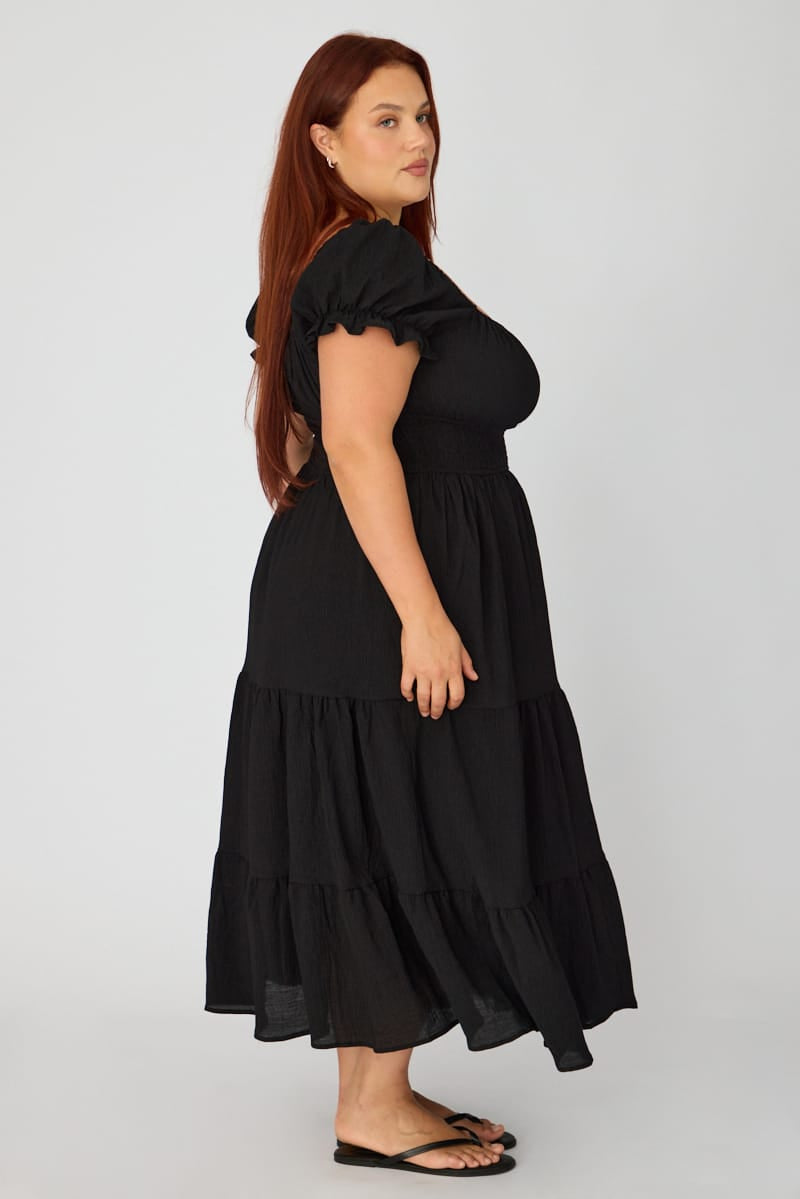 Black Midi Dress Short Sleeve Ruched Bust Cut Out for YouandAll Fashion