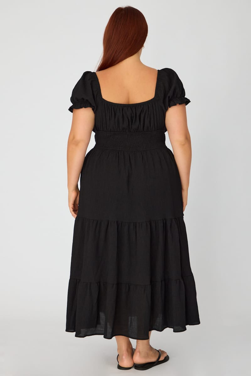 Black Midi Dress Short Sleeve Ruched Bust Cut Out for YouandAll Fashion