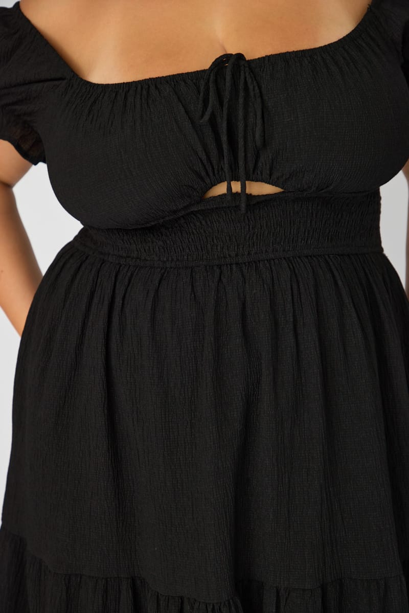 Black Midi Dress Short Sleeve Ruched Bust Cut Out for YouandAll Fashion