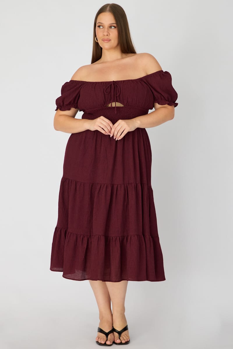 Red Midi Dress Short Sleeve Ruched Bust Cut Out for YouandAll Fashion