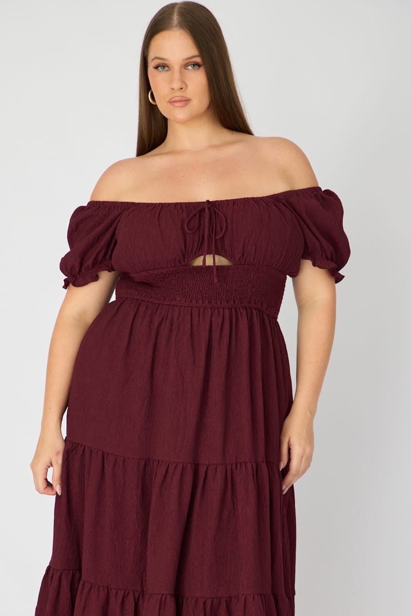 Red Midi Dress Short Sleeve Ruched Bust Cut Out for YouandAll Fashion
