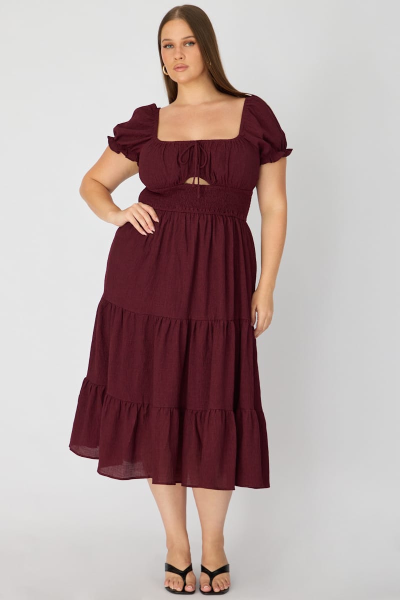 Red Midi Dress Short Sleeve Ruched Bust Cut Out for YouandAll Fashion