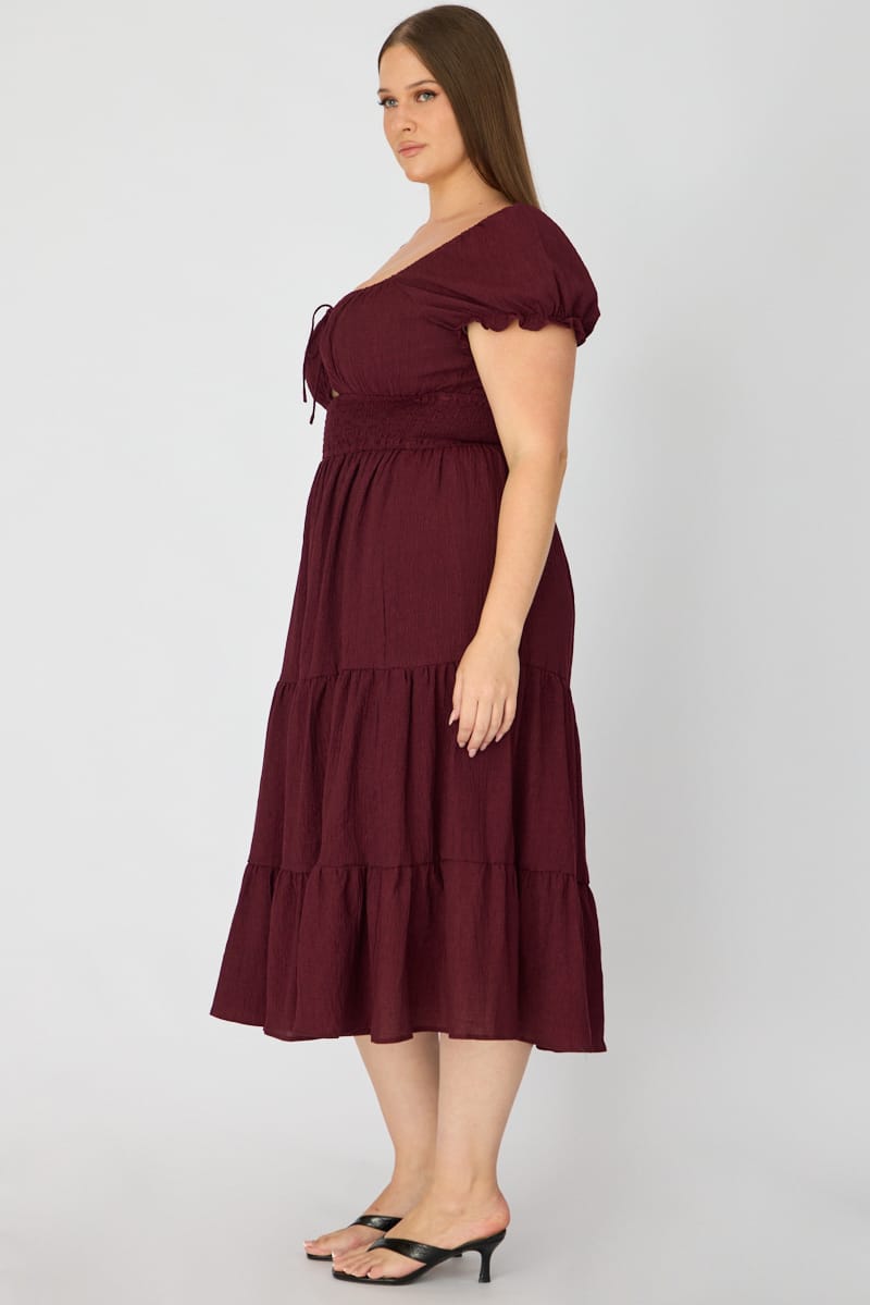 Red Midi Dress Short Sleeve Ruched Bust Cut Out for YouandAll Fashion