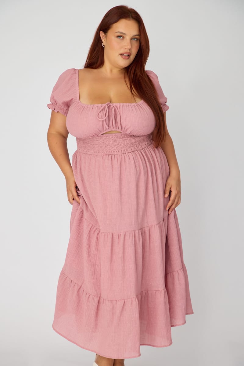 Pink Midi Dress Short Sleeve Ruched Bust Cut Out for YouandAll Fashion