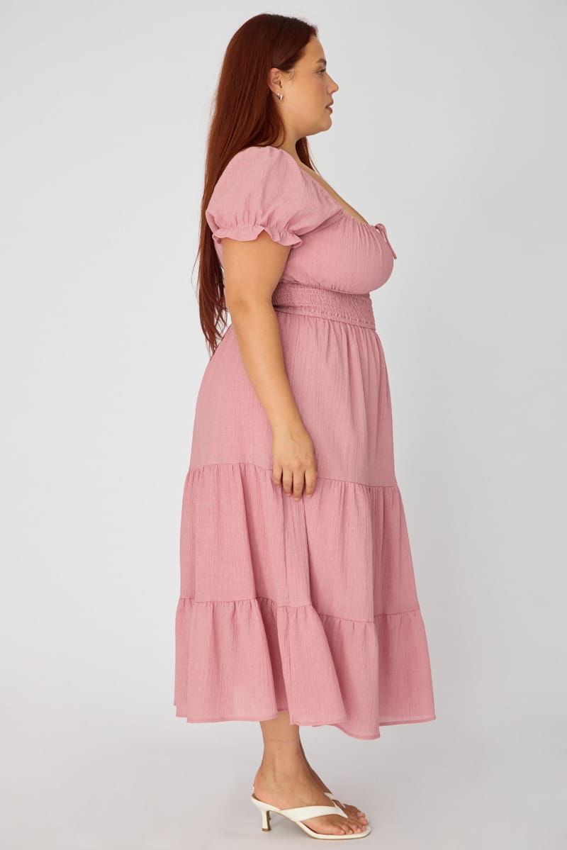 Pink Midi Dress Short Sleeve Ruched Bust Cut Out for YouandAll Fashion