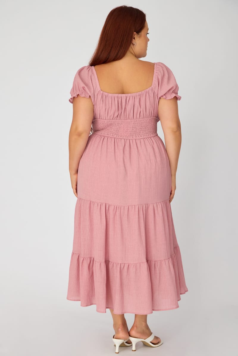 Pink Midi Dress Short Sleeve Ruched Bust Cut Out for YouandAll Fashion