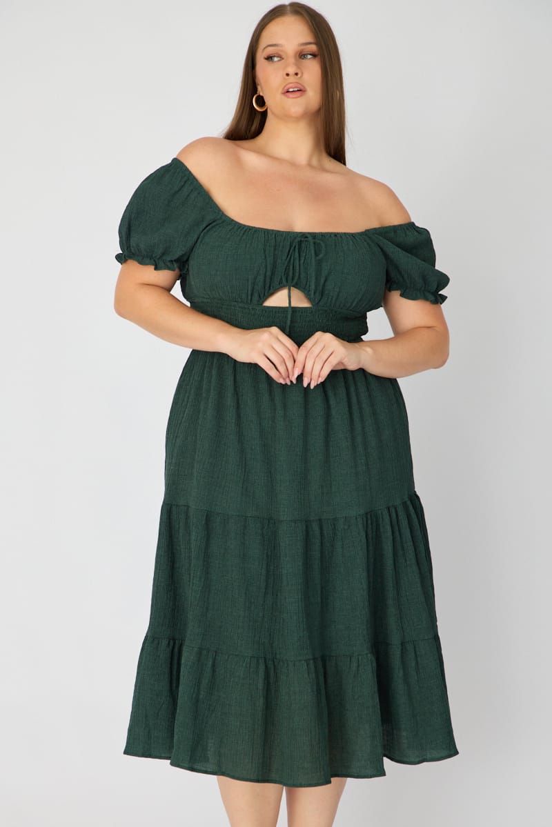 Green Midi Dress Short Sleeve Ruched Bust Cut Out