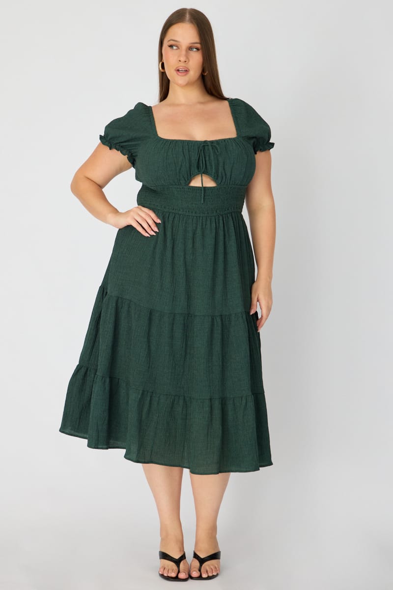 Green Midi Dress Short Sleeve Ruched Bust Cut Out for YouandAll Fashion