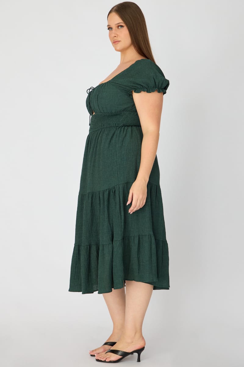 Green Midi Dress Short Sleeve Ruched Bust Cut Out for YouandAll Fashion