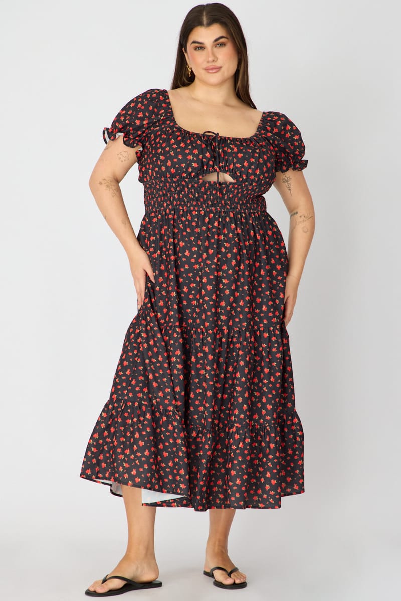 Black Ditsy Midi Dress Short Sleeve Tiered for YouandAll Fashion
