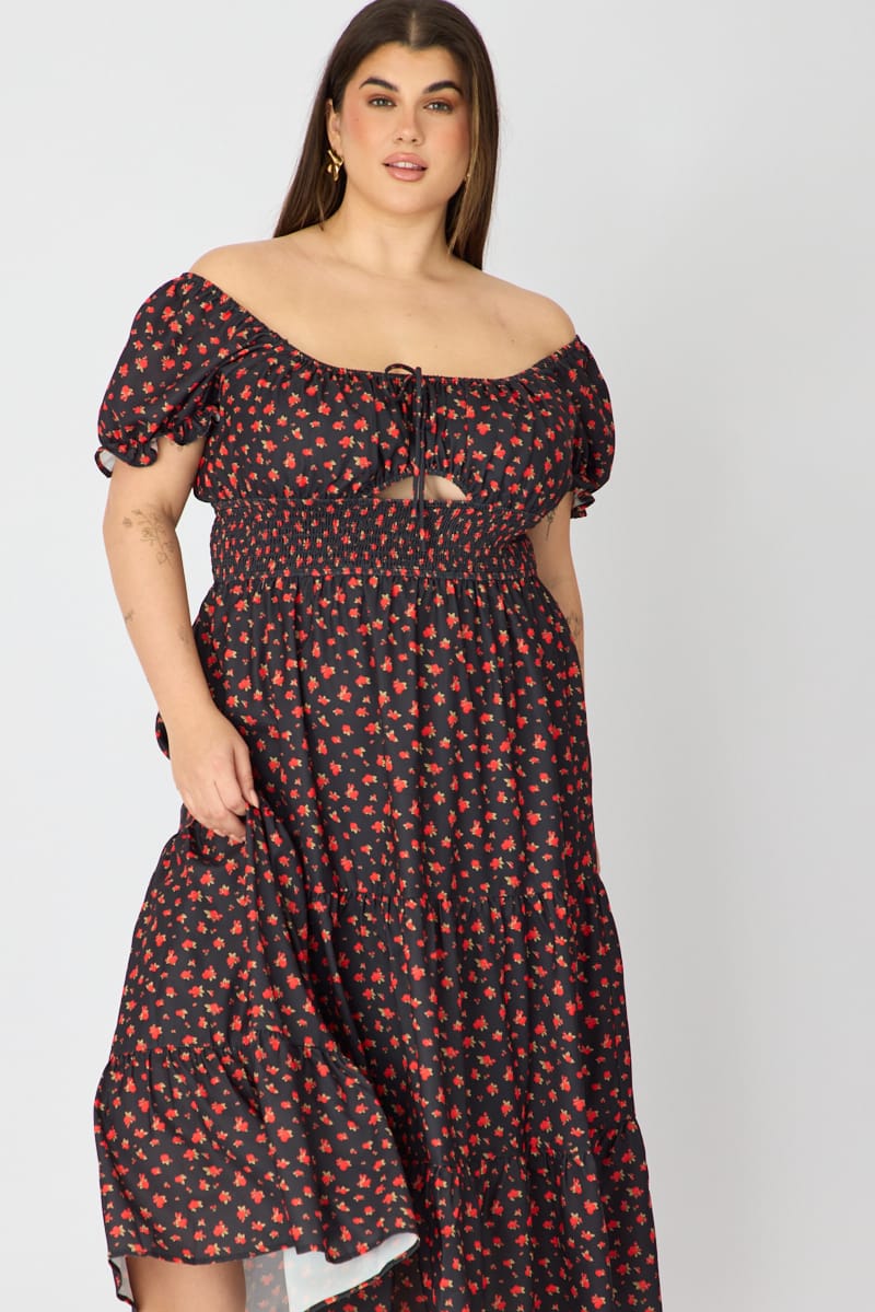 Black Ditsy Midi Dress Short Sleeve Tiered for YouandAll Fashion