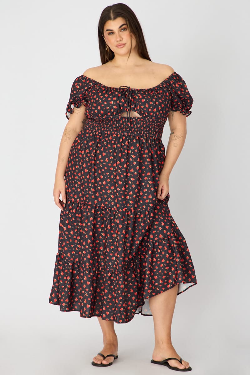 Black Ditsy Midi Dress Short Sleeve Tiered for YouandAll Fashion