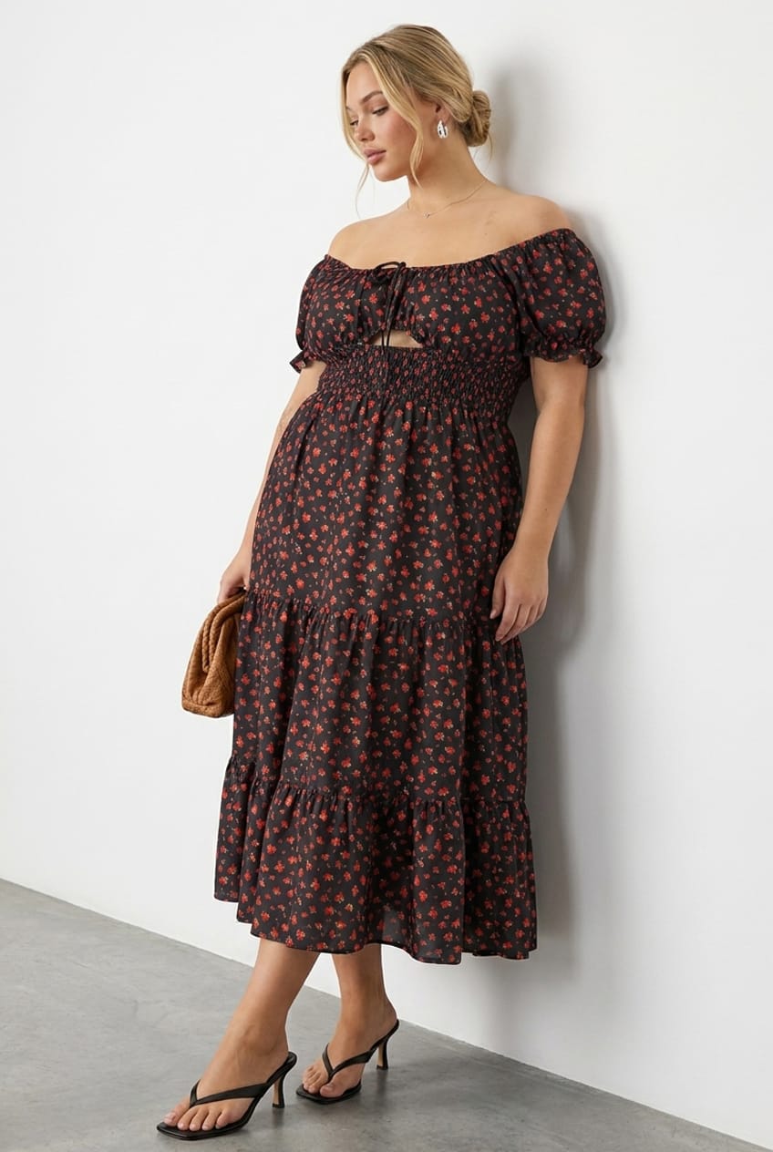Black Ditsy Midi Dress Short Sleeve Tiered
