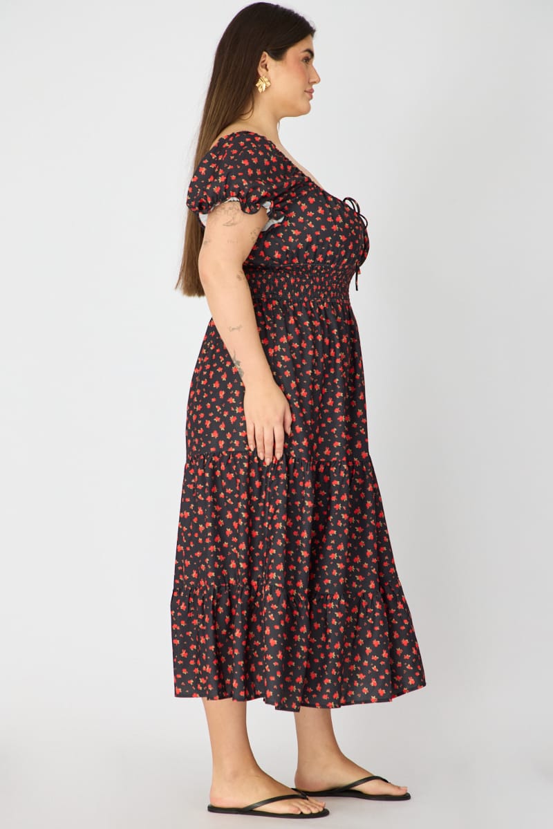Black Ditsy Midi Dress Short Sleeve Tiered for YouandAll Fashion