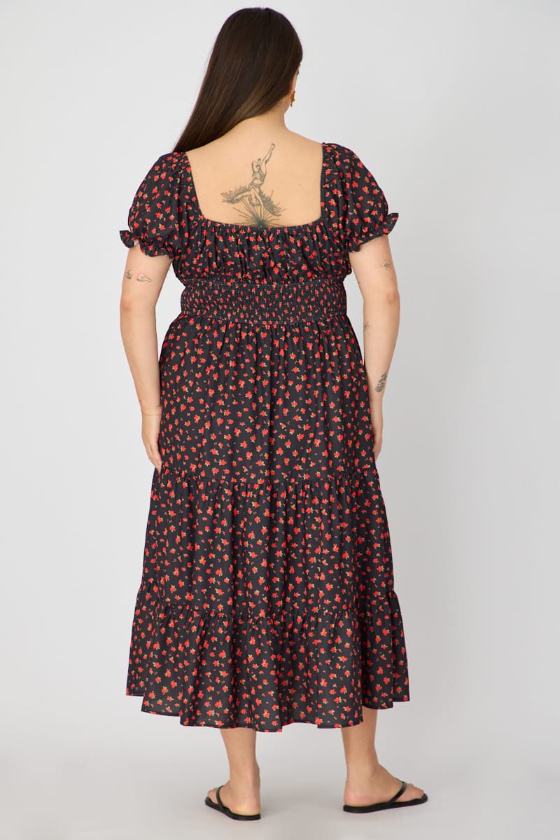 Black Ditsy Midi Dress Short Sleeve Tiered for YouandAll Fashion