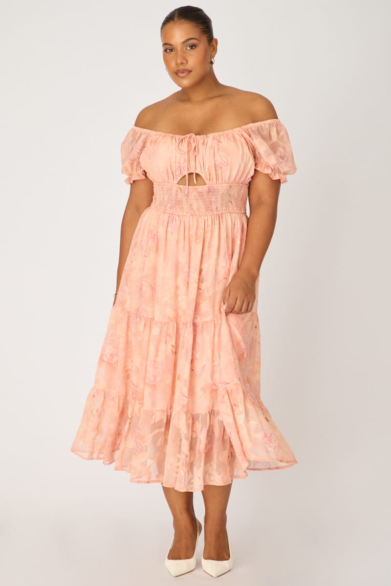 Pink Floral Midi Dress Short Sleeve Cut Out for YouandAll Fashion
