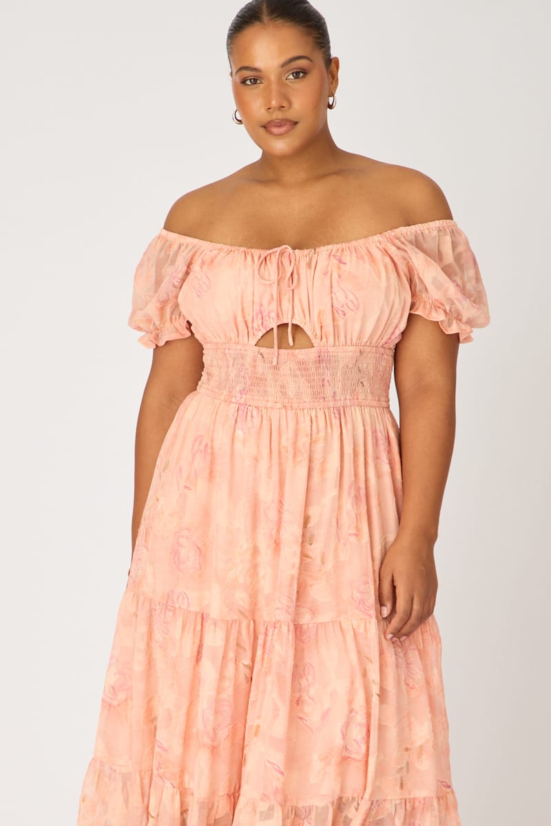 Pink Floral Midi Dress Short Sleeve Cut Out for YouandAll Fashion