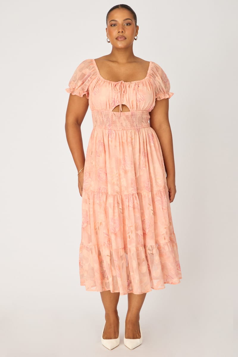 Pink Floral Midi Dress Short Sleeve Cut Out for YouandAll Fashion