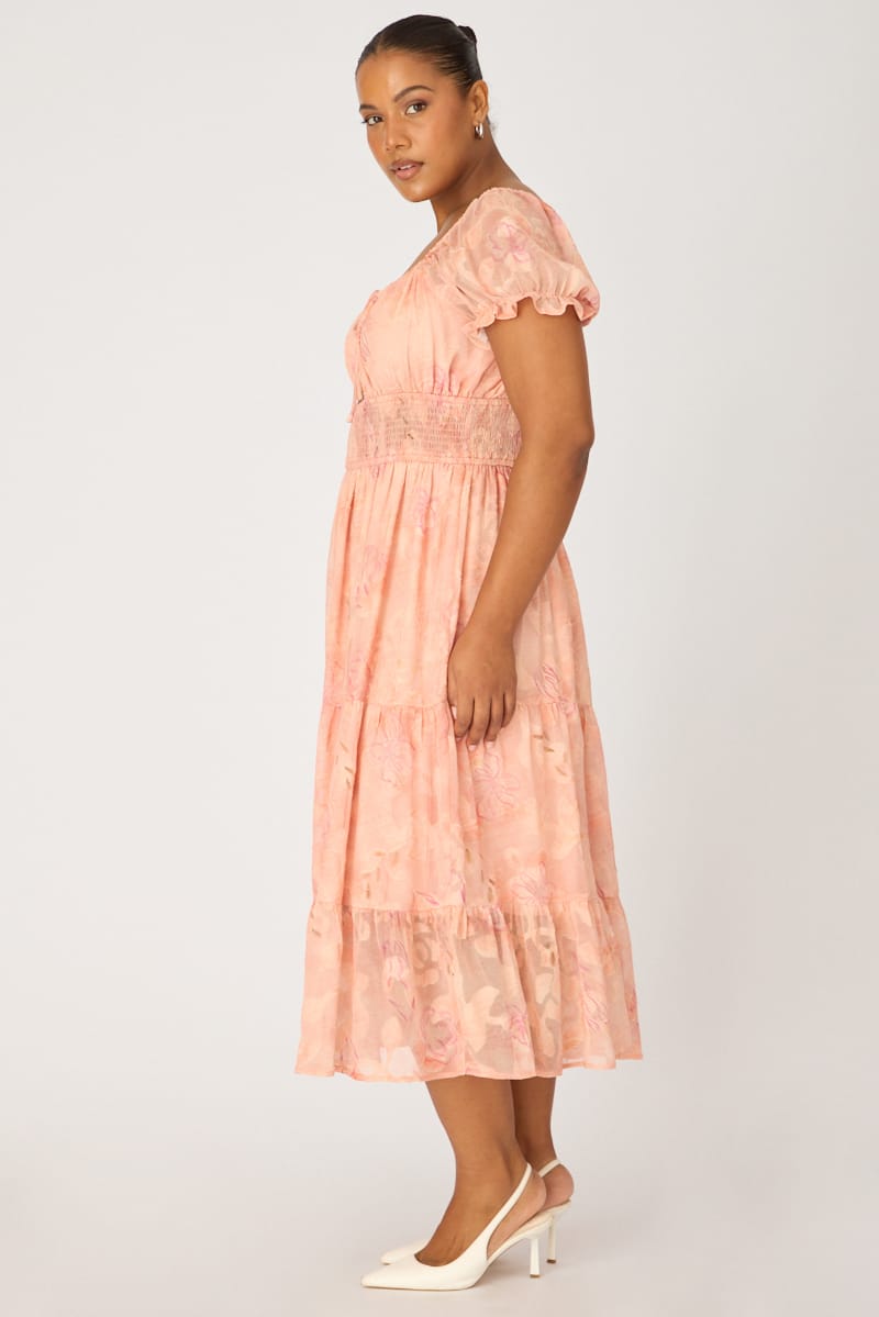 Pink Floral Midi Dress Short Sleeve Cut Out