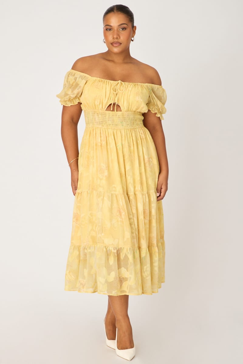 Yellow Floral Midi Dress Short Sleeve Cut Out for YouandAll Fashion