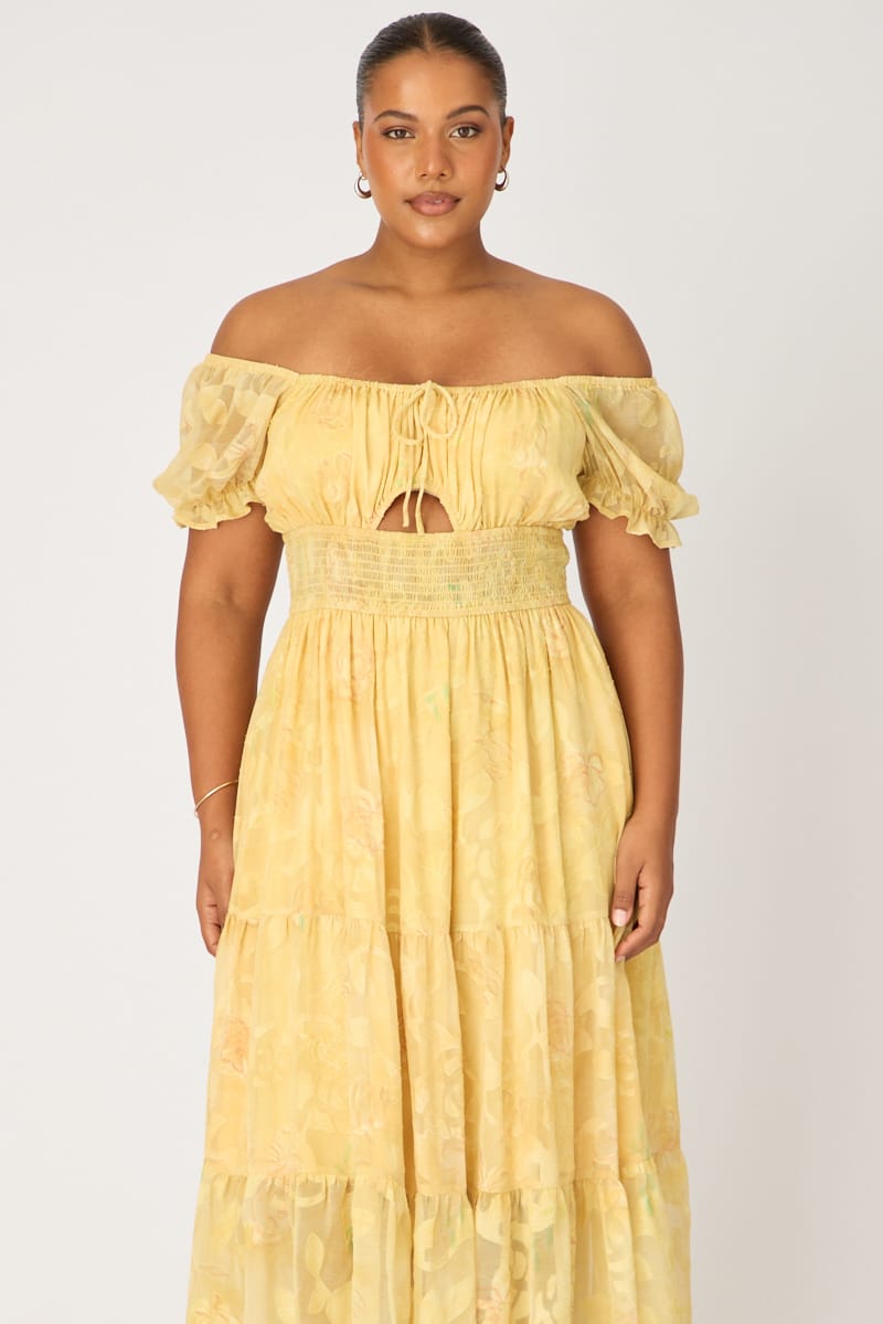 Yellow Floral Midi Dress Short Sleeve Cut Out for YouandAll Fashion