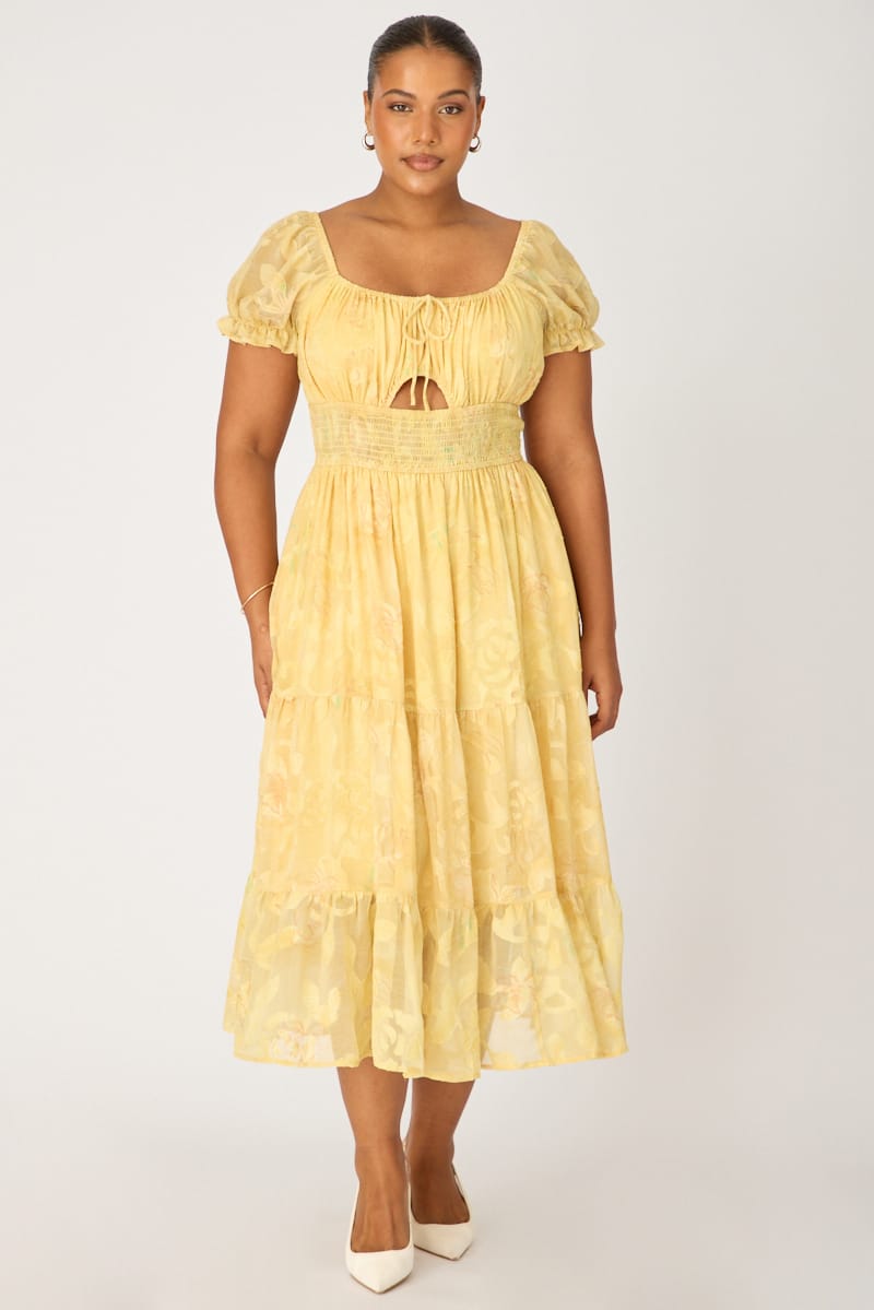 Yellow Floral Midi Dress Short Sleeve Cut Out