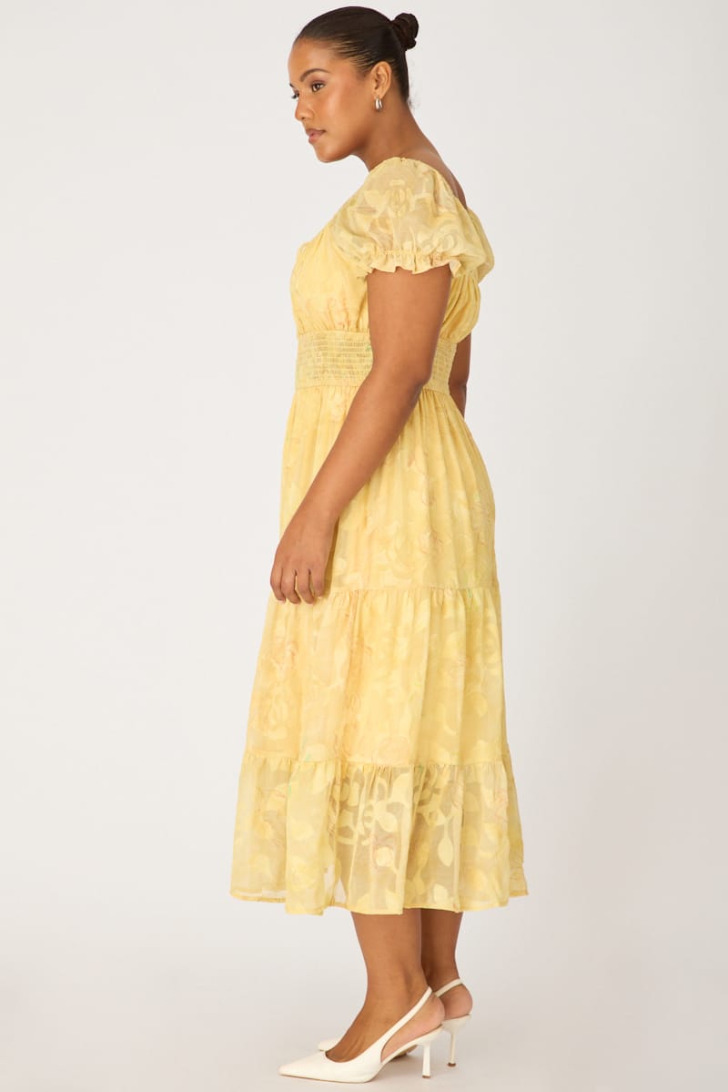 Yellow Floral Midi Dress Short Sleeve Cut Out for YouandAll Fashion