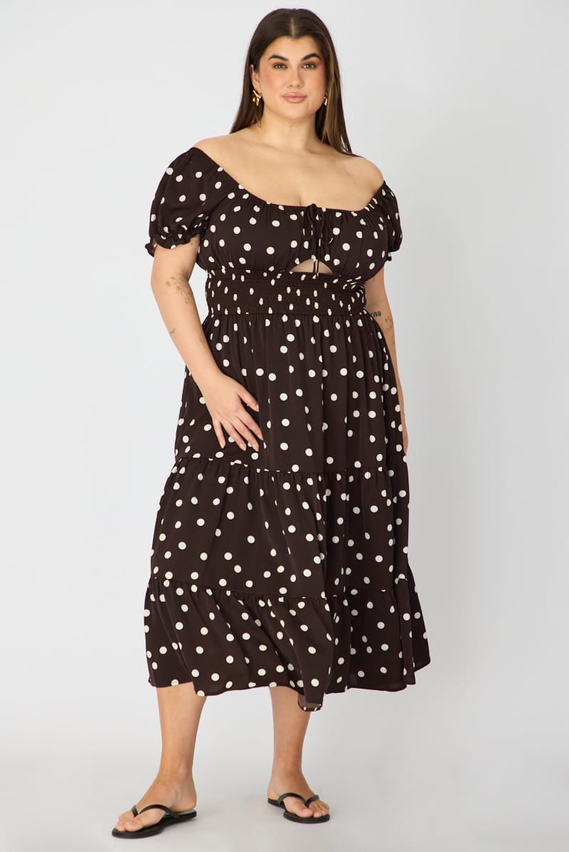 Brown Polka Dot Midi Dress Short Sleeve Tiered for YouandAll Fashion