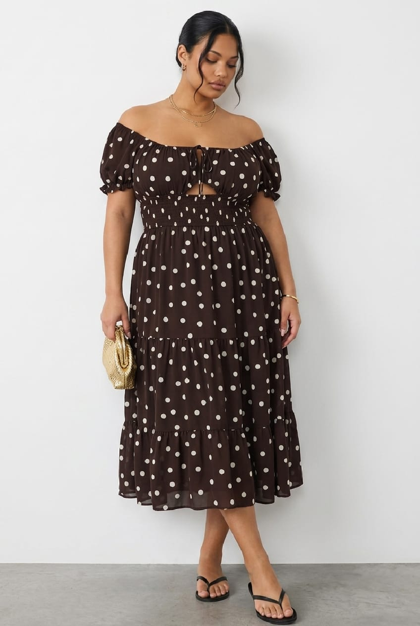 Brown Polka Dot Midi Dress Short Sleeve Tiered for YouandAll Fashion