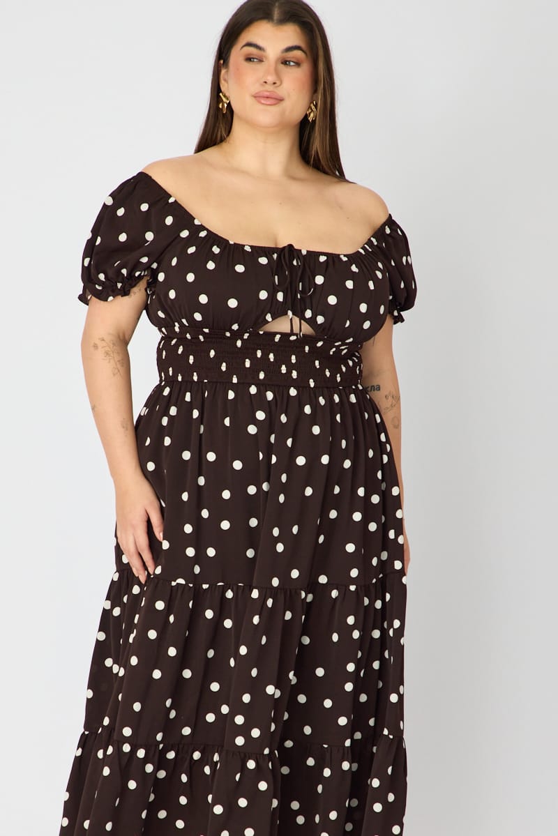 Brown Polka Dot Midi Dress Short Sleeve Tiered for YouandAll Fashion