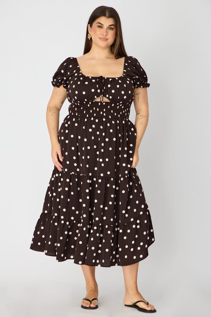 Brown Polka Dot Midi Dress Short Sleeve Tiered for YouandAll Fashion