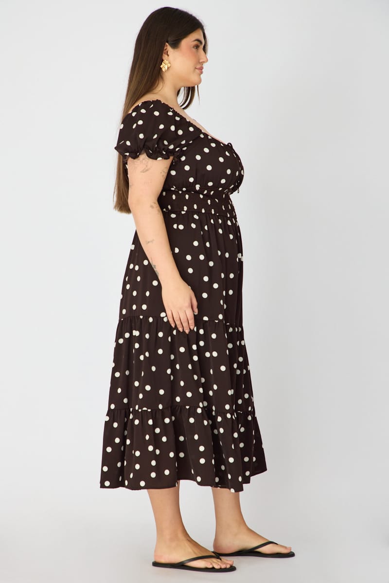 Brown Polka Dot Midi Dress Short Sleeve Tiered for YouandAll Fashion