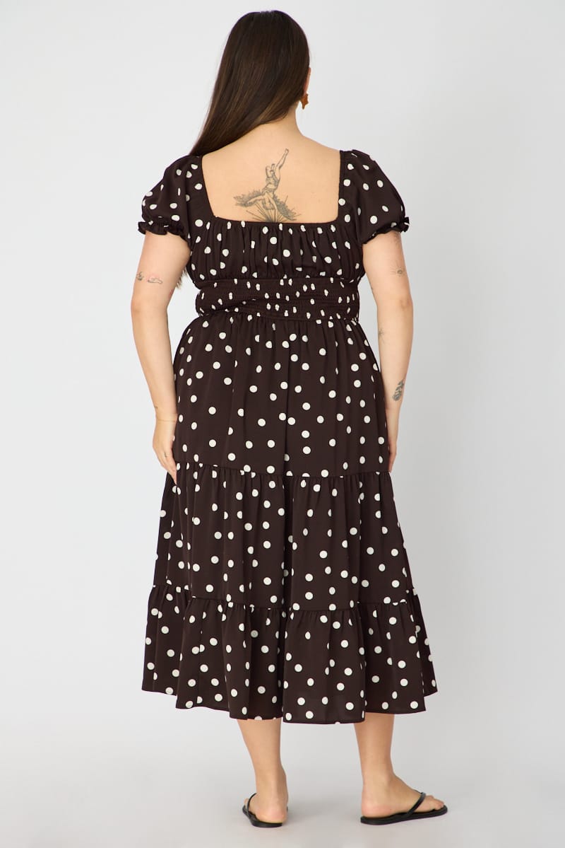 Brown Polka Dot Midi Dress Short Sleeve Tiered for YouandAll Fashion
