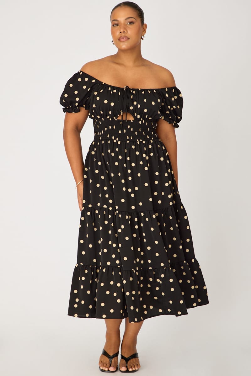 Black Polka Dot Midi Dress Short Sleeve Tiered for YouandAll Fashion