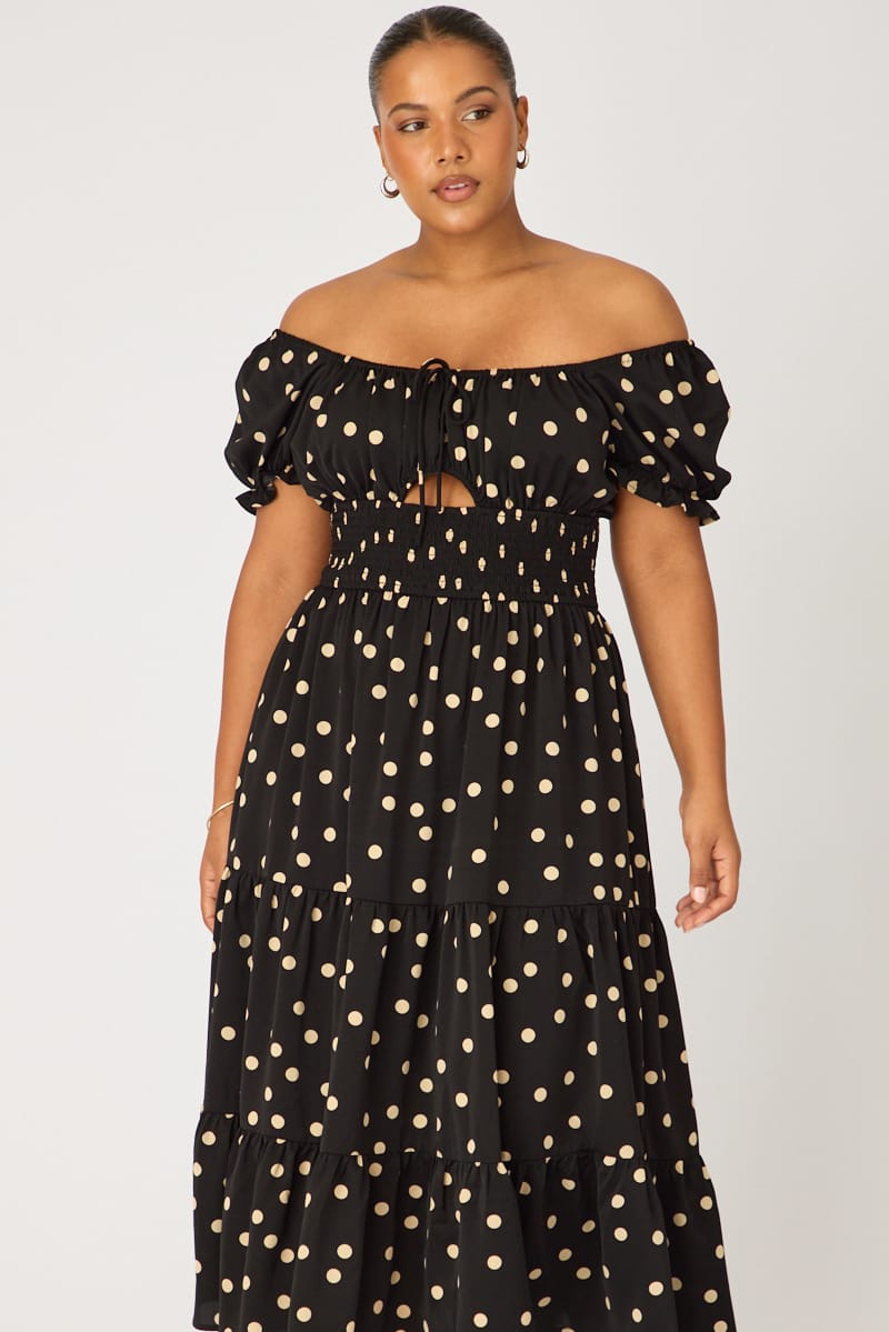 Black Polka Dot Midi Dress Short Sleeve Tiered for YouandAll Fashion