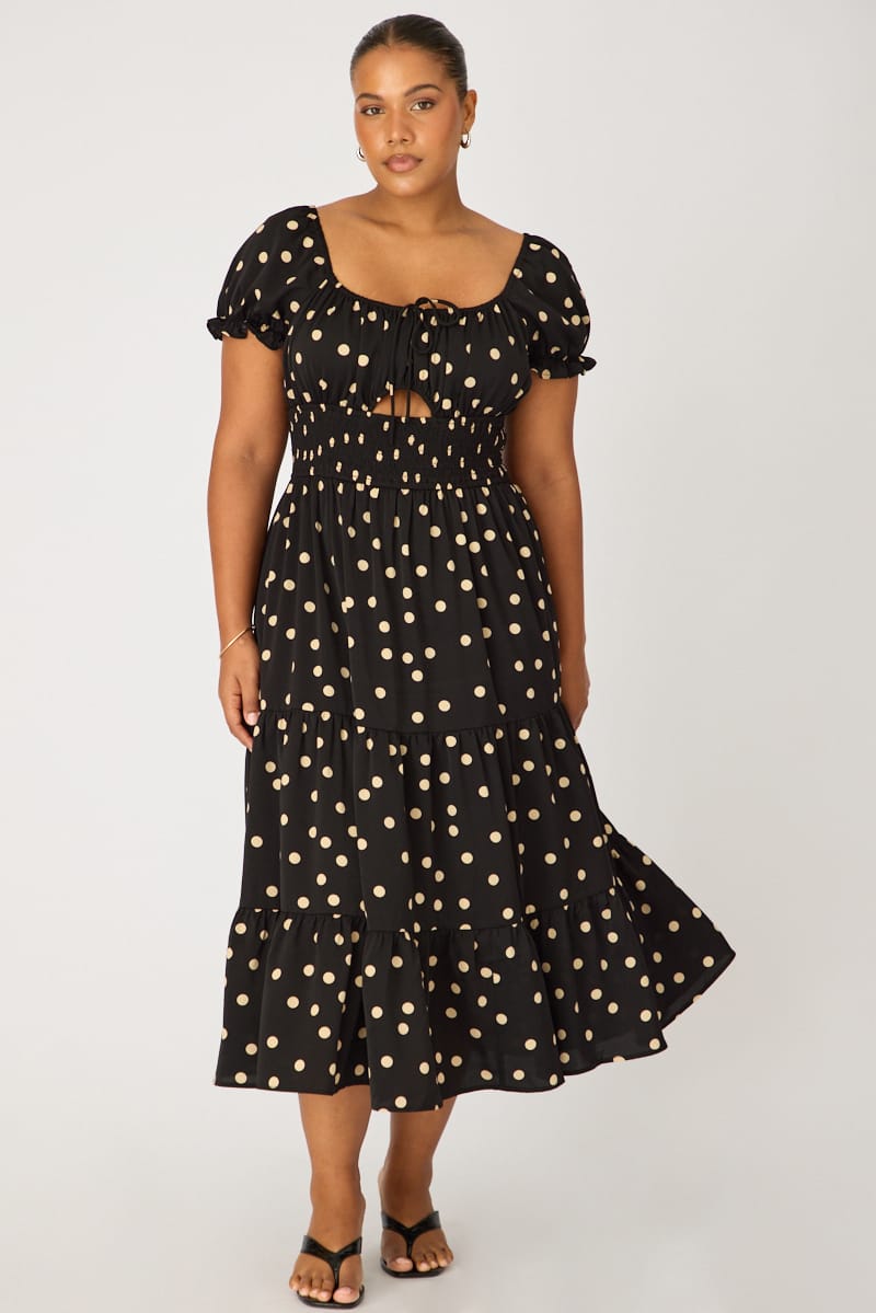 Black Polka Dot Midi Dress Short Sleeve Tiered for YouandAll Fashion