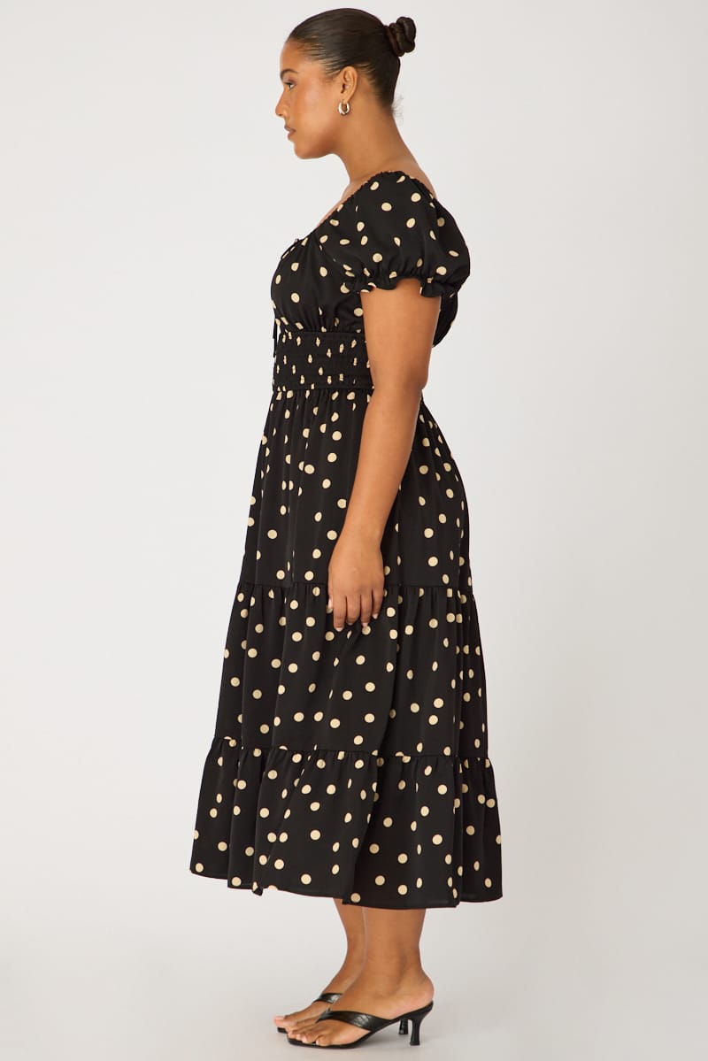 Black Polka Dot Midi Dress Short Sleeve Tiered for YouandAll Fashion