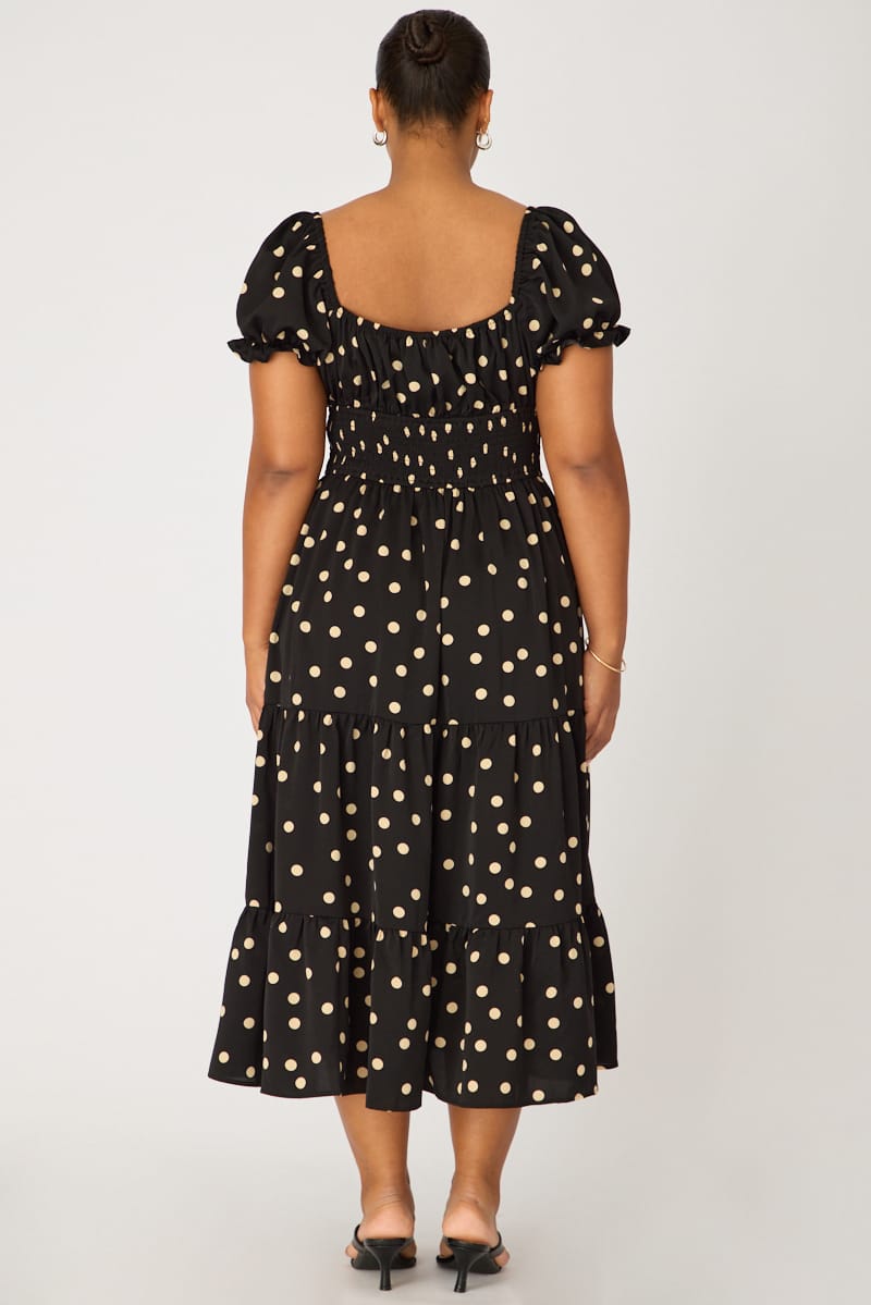 Black Polka Dot Midi Dress Short Sleeve Tiered for YouandAll Fashion