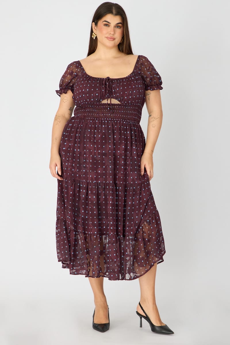 Brown Polka Dot Midi Dress Short Sleeve Cut Out for YouandAll Fashion