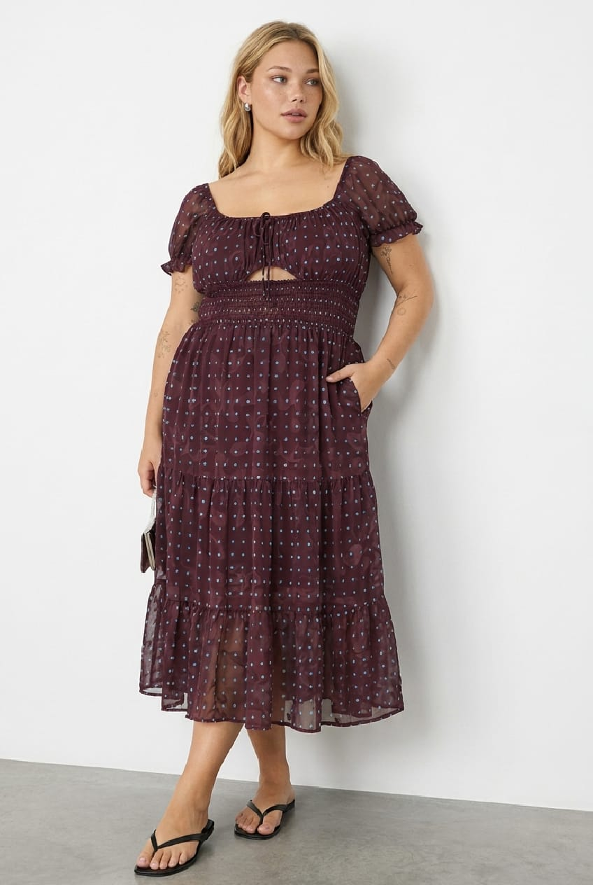 Brown Polka Dot Midi Dress Short Sleeve Cut Out for YouandAll Fashion