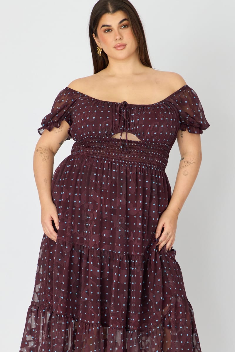 Brown Polka Dot Midi Dress Short Sleeve Cut Out for YouandAll Fashion