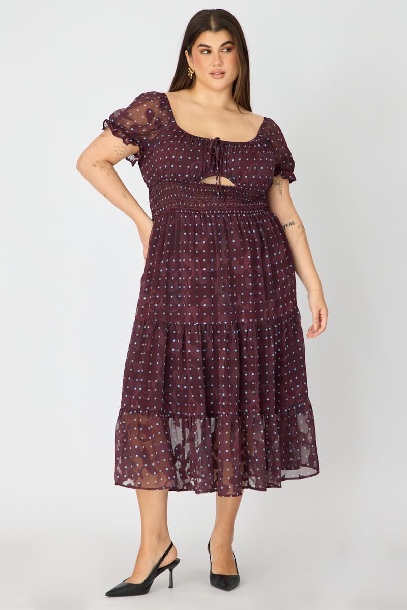 Brown Polka Dot Midi Dress Short Sleeve Cut Out for YouandAll Fashion