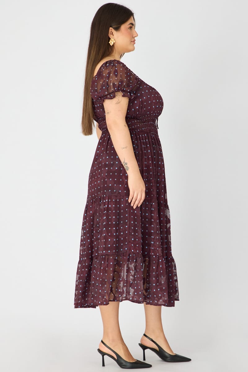 Brown Polka Dot Midi Dress Short Sleeve Cut Out for YouandAll Fashion