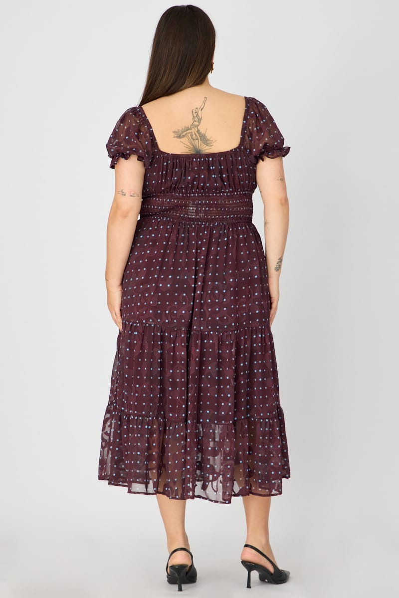 Brown Polka Dot Midi Dress Short Sleeve Cut Out for YouandAll Fashion
