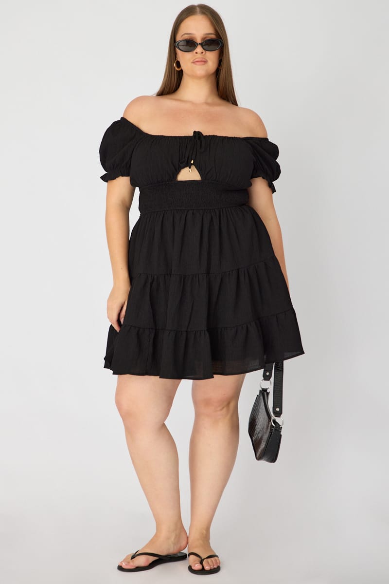 Black Skater Dress Short Sleeve Ruched Bust Cut Out for YouandAll Fashion