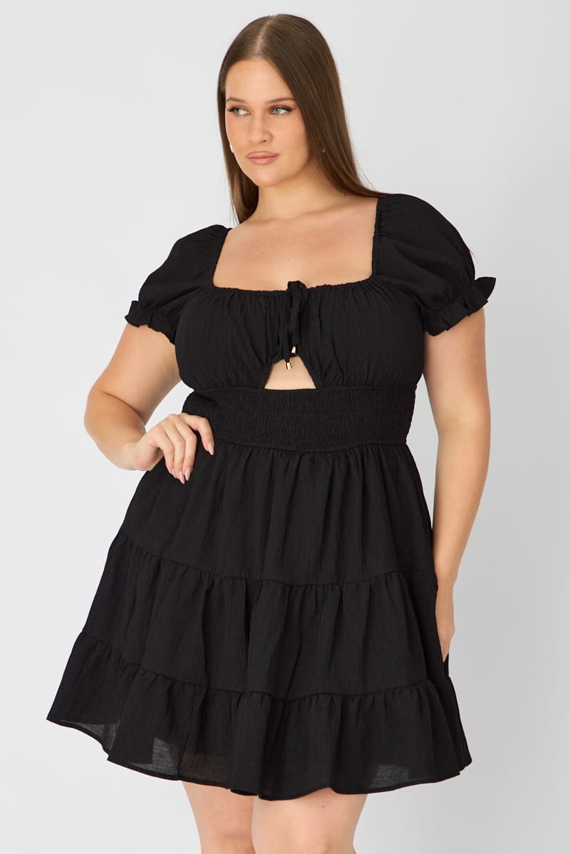 Black Skater Dress Short Sleeve Ruched Bust Cut Out for YouandAll Fashion