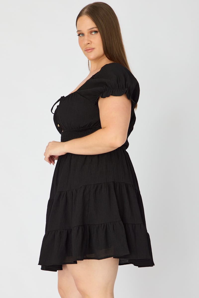 Black Skater Dress Short Sleeve Ruched Bust Cut Out for YouandAll Fashion