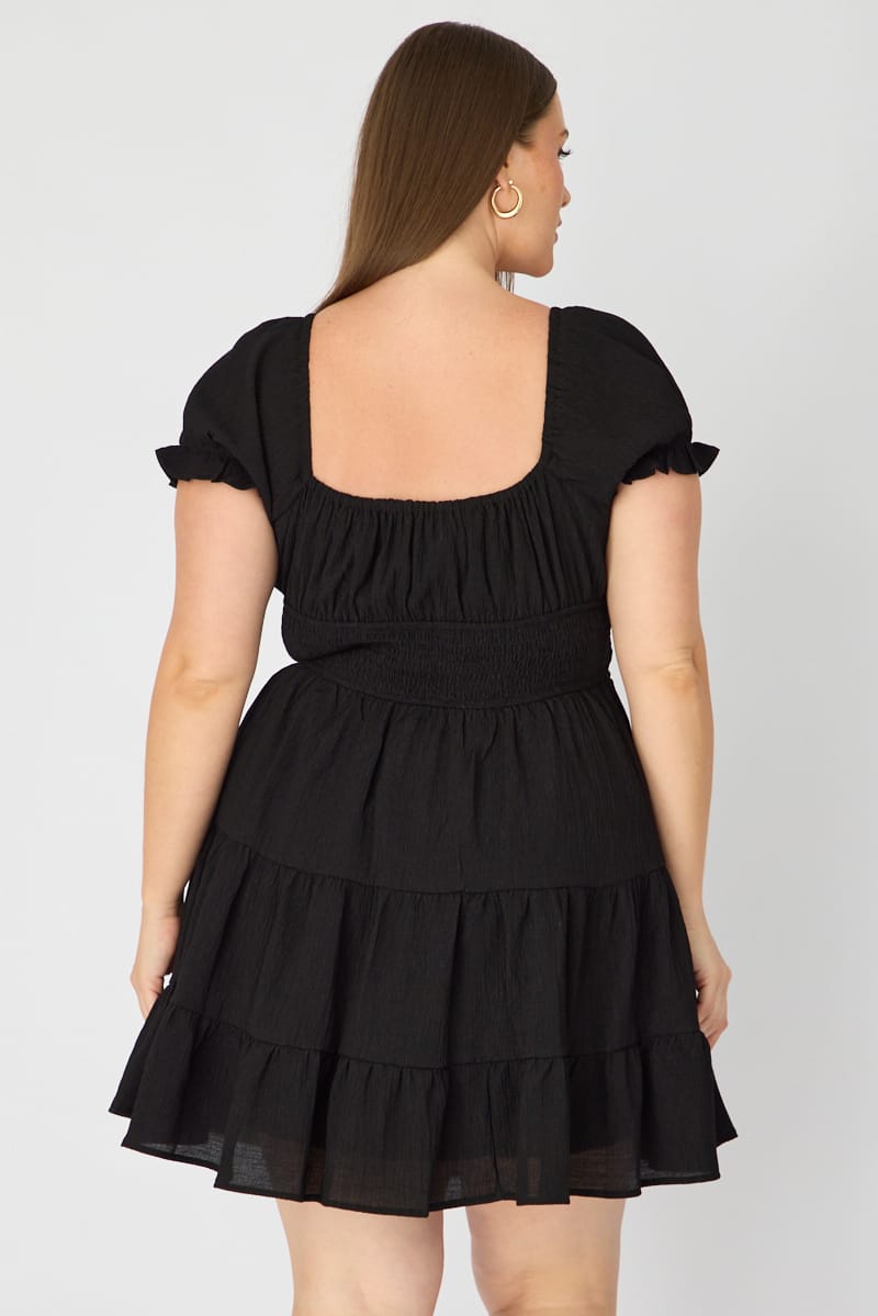 Black Skater Dress Short Sleeve Ruched Bust Cut Out for YouandAll Fashion