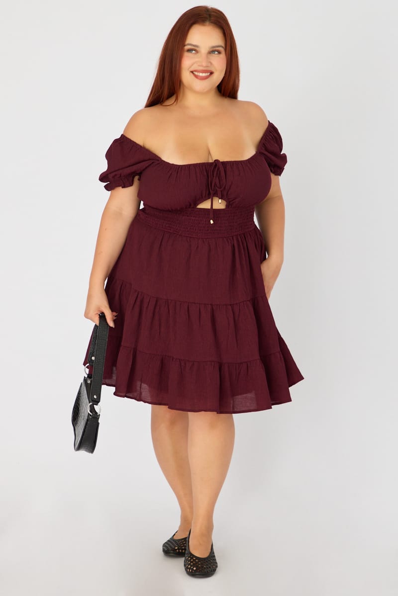 Red Skater Dress Short Sleeve Ruched Bust Cut Out for YouandAll Fashion